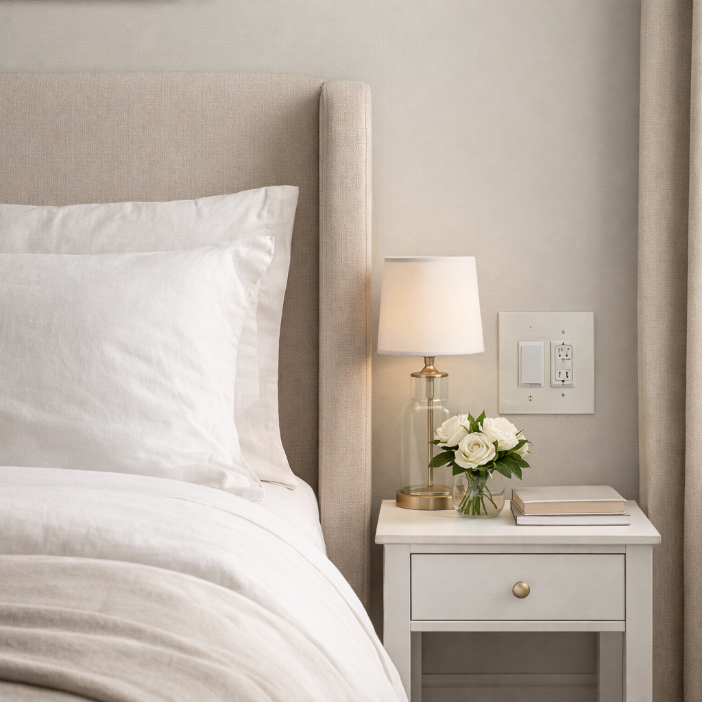 Boztay designer wall plates in a modern bedroom